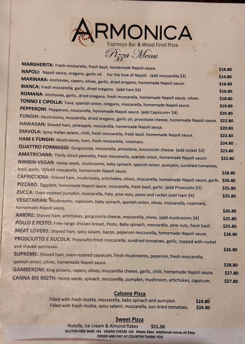Menu, Armonica Cafe And Wood Fired Pizza