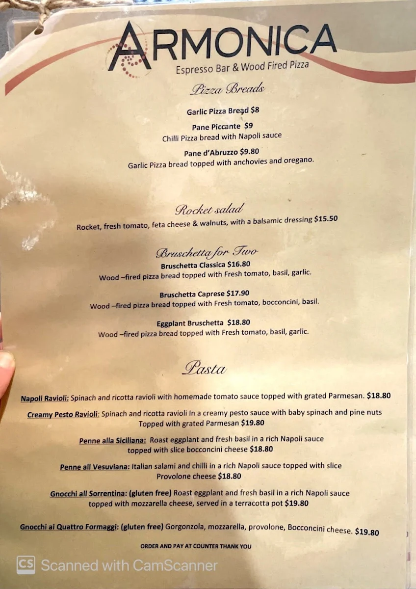 Menu, Armonica Cafe And Wood Fired Pizza