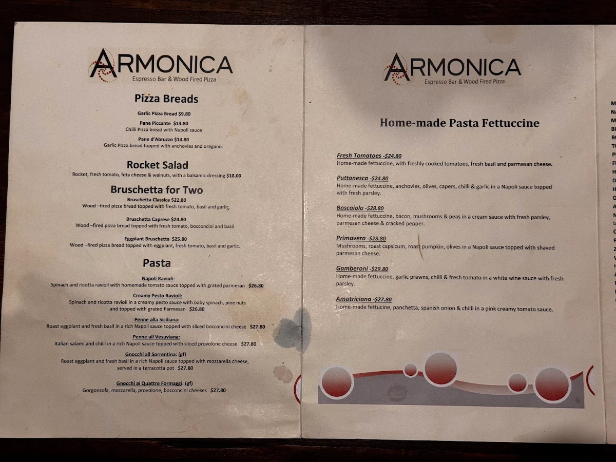 Menu, Armonica Cafe And Wood Fired Pizza