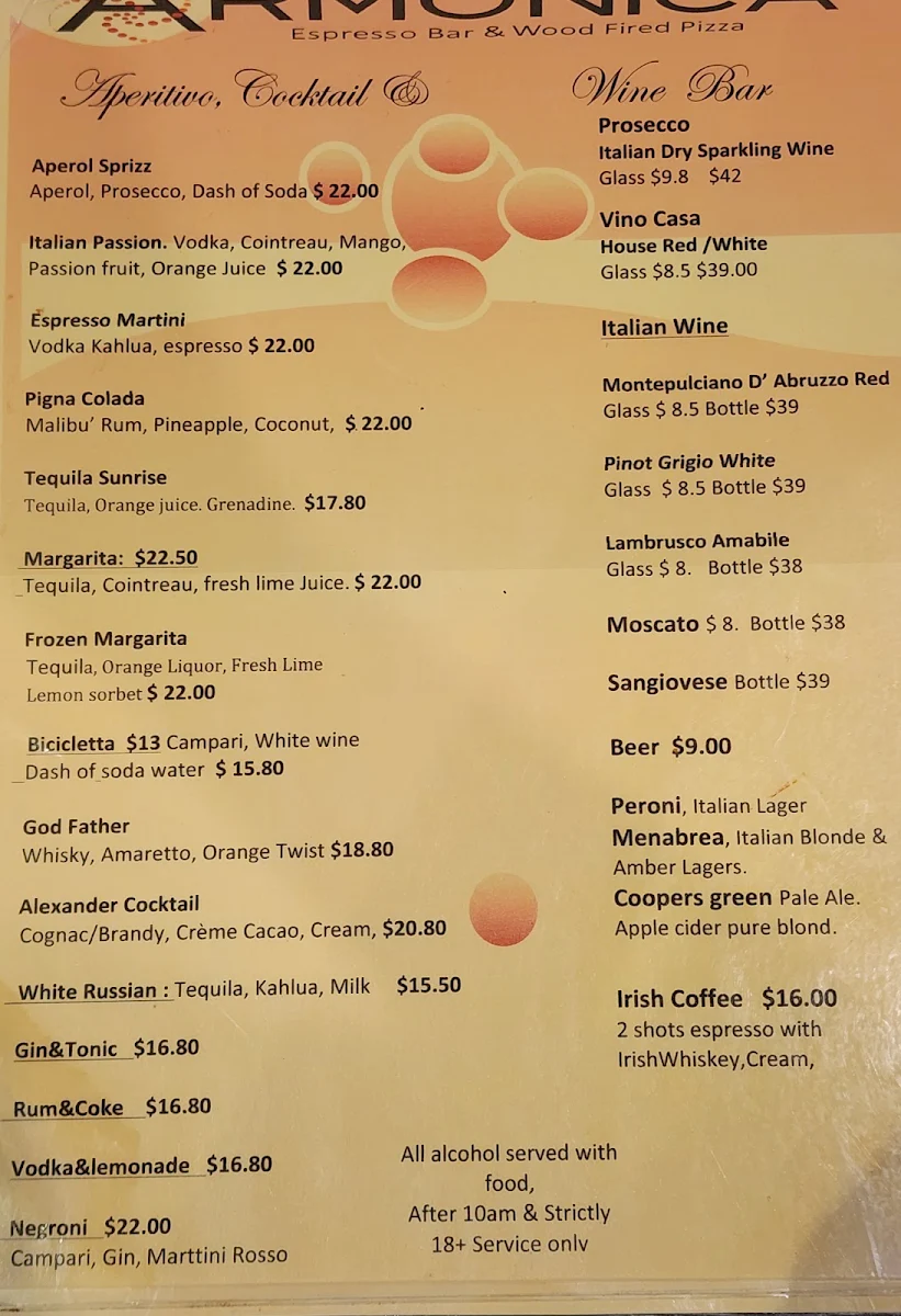 Menu, Armonica Cafe And Wood Fired Pizza