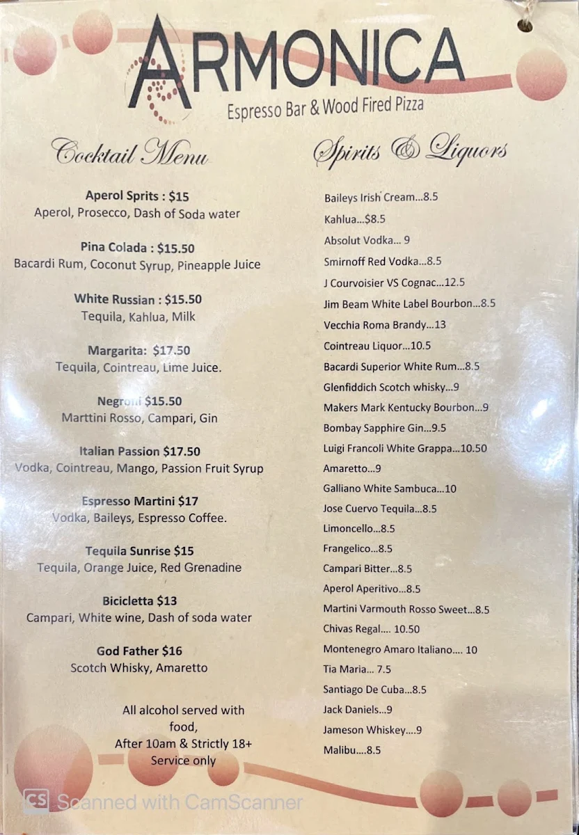 Menu, Armonica Cafe And Wood Fired Pizza