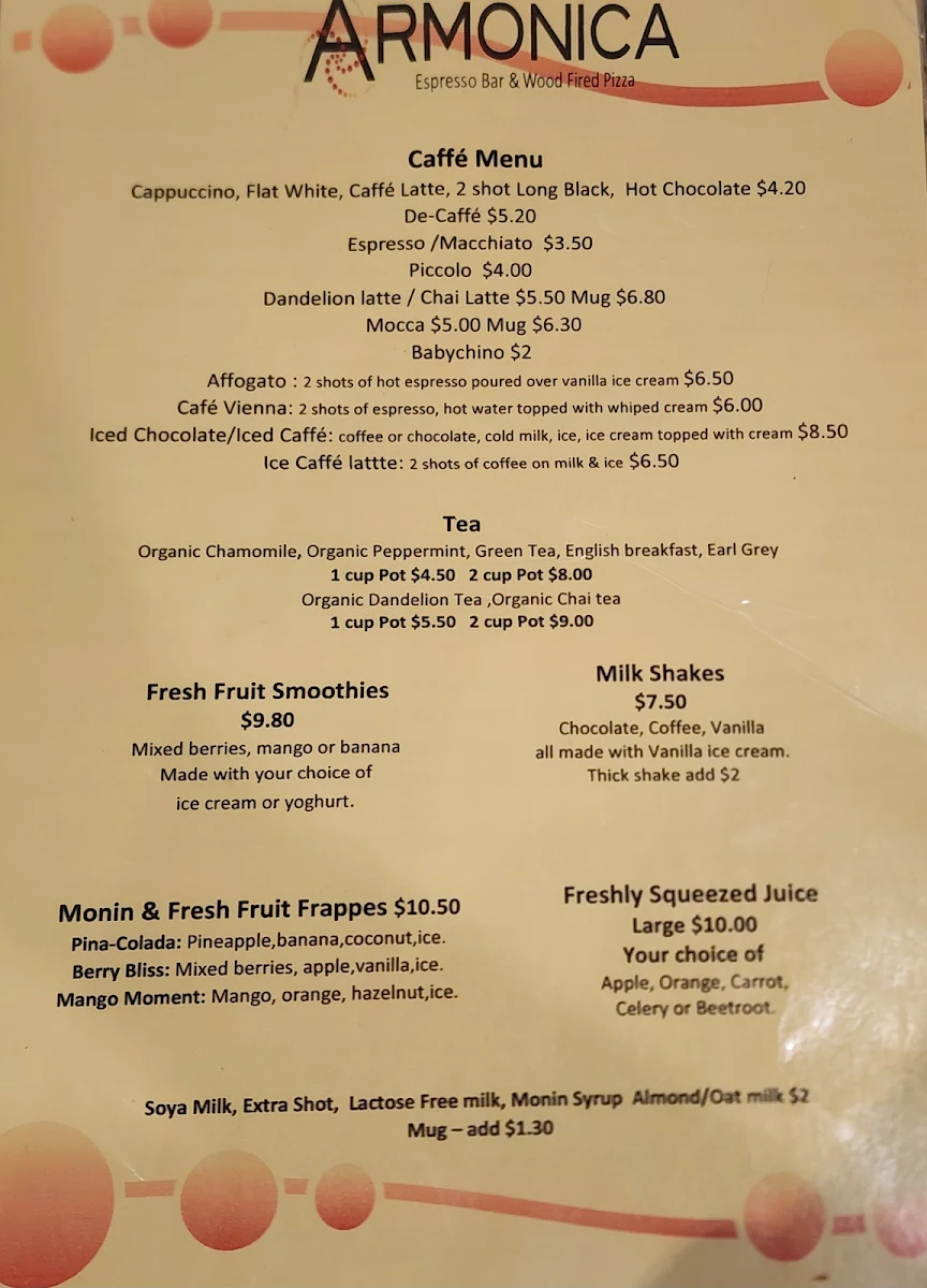 Menu, Armonica Cafe And Wood Fired Pizza