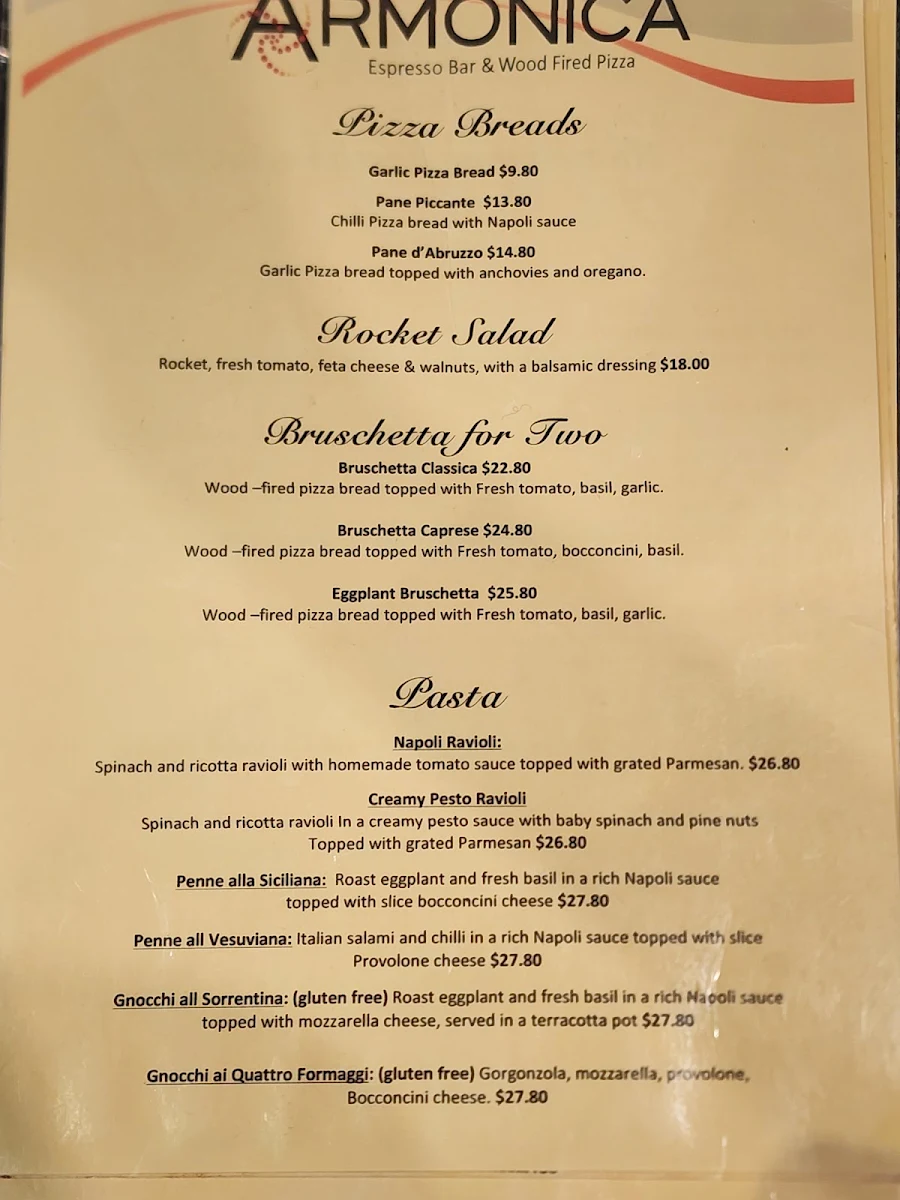 Menu, Armonica Cafe And Wood Fired Pizza