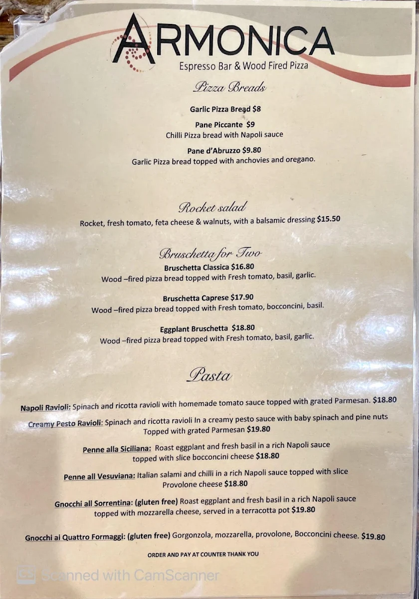 Menu, Armonica Cafe And Wood Fired Pizza