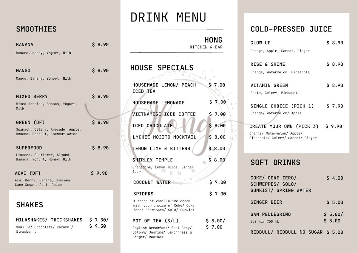 Menu, HONG KITCHEN & BAR