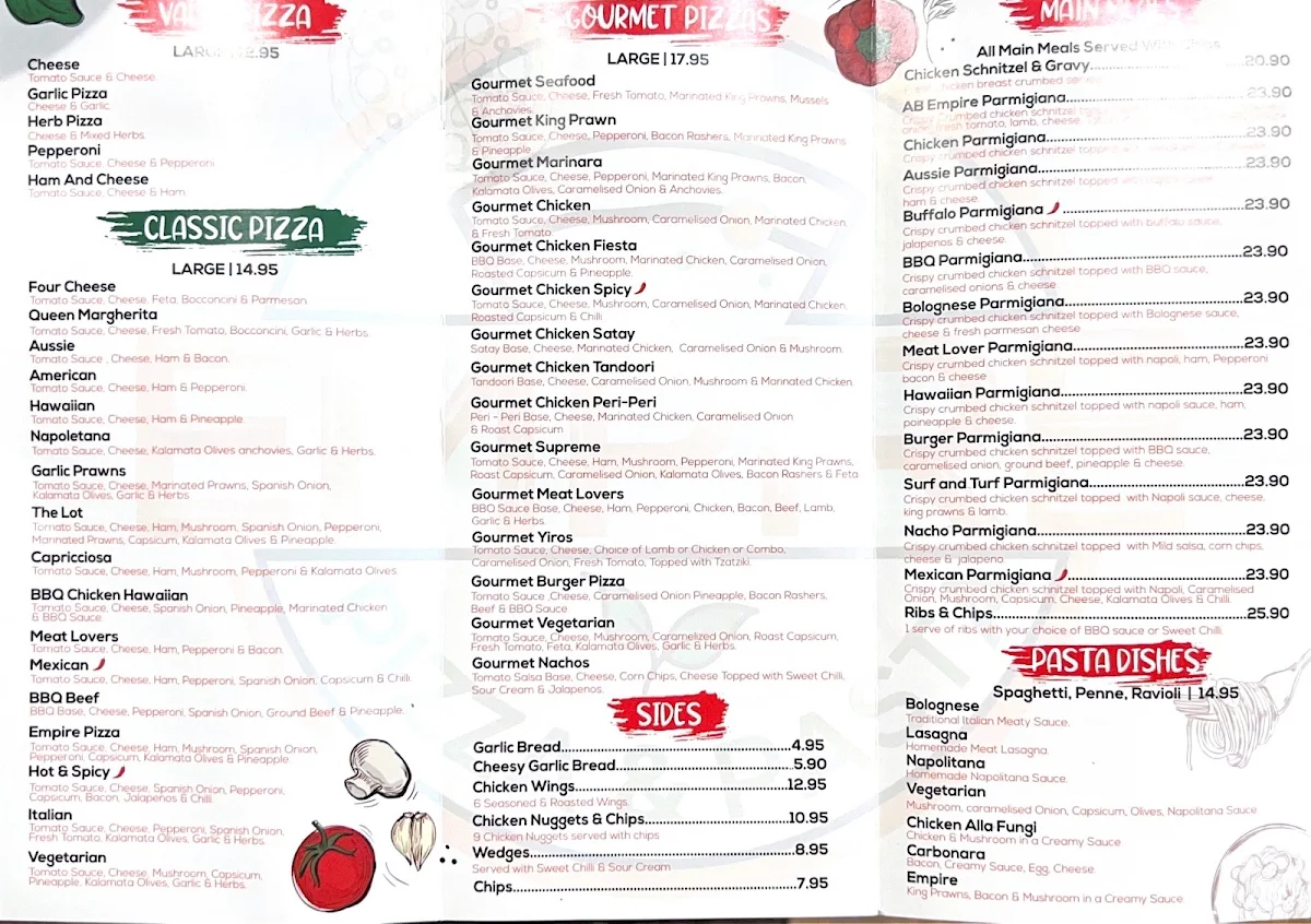 Menu, EMPIRE PIZZA AND PASTA