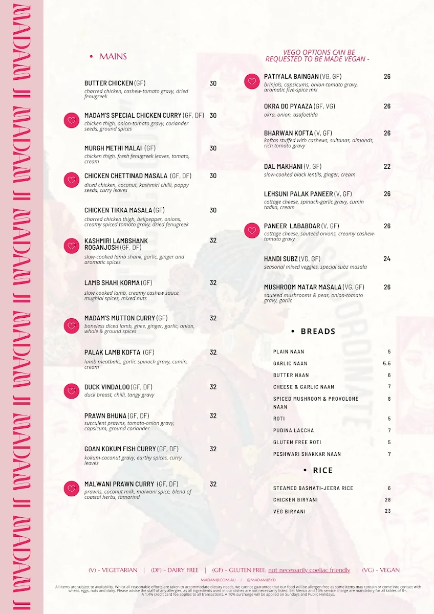 Menu, Madam Ji Indian Restaurant