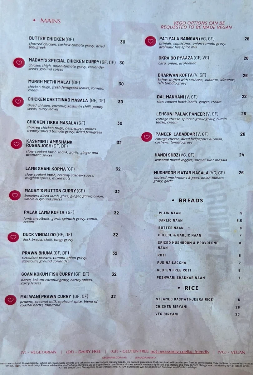 Menu, Madam Ji Indian Restaurant