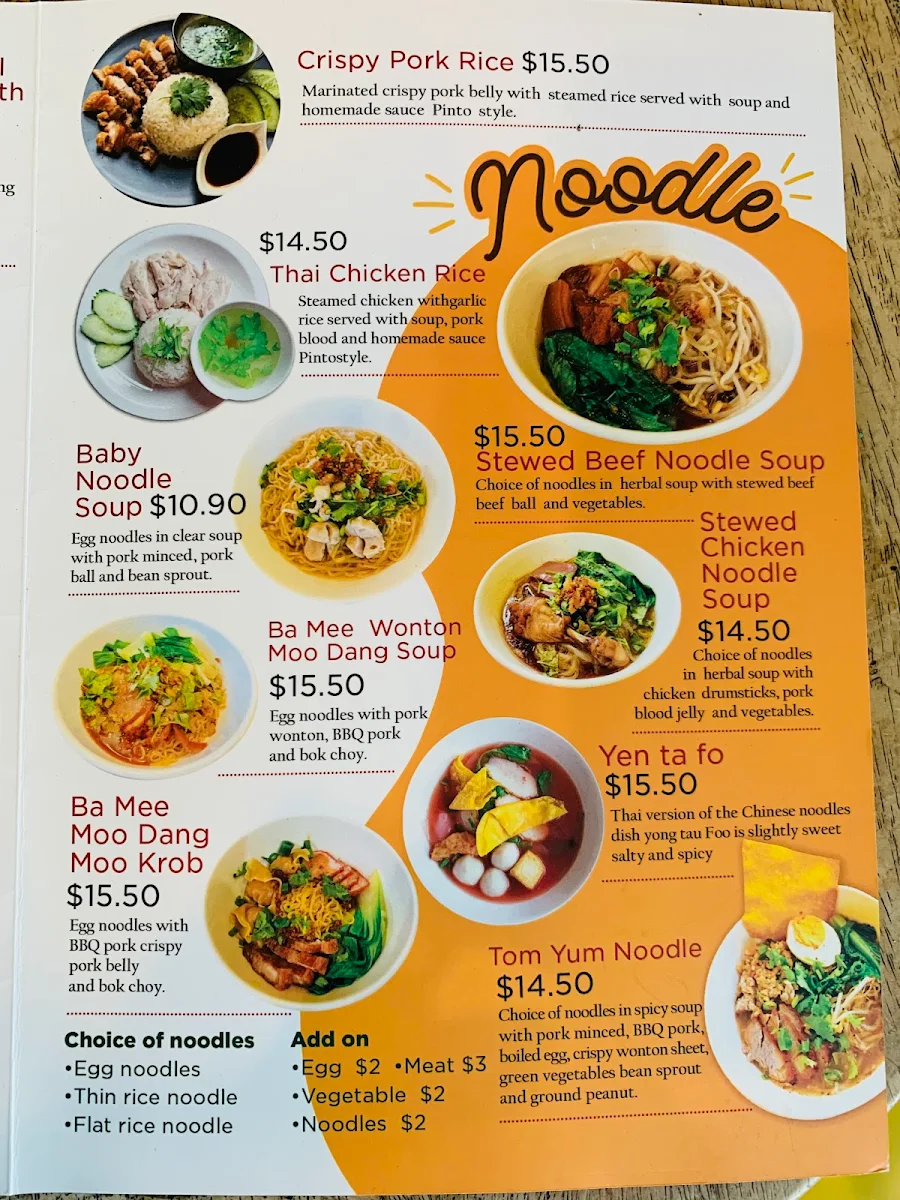 Menu, Pinto Thai Street Food