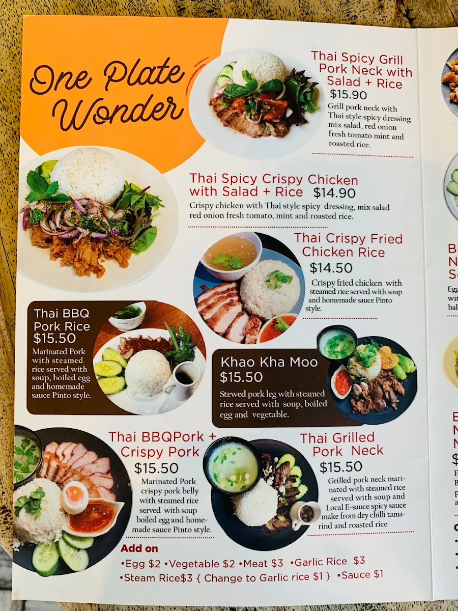 Menu, Pinto Thai Street Food