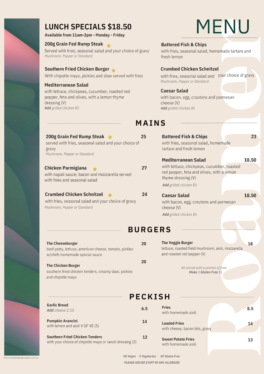 Menu, Roamer Brisbane Bar/Cafe