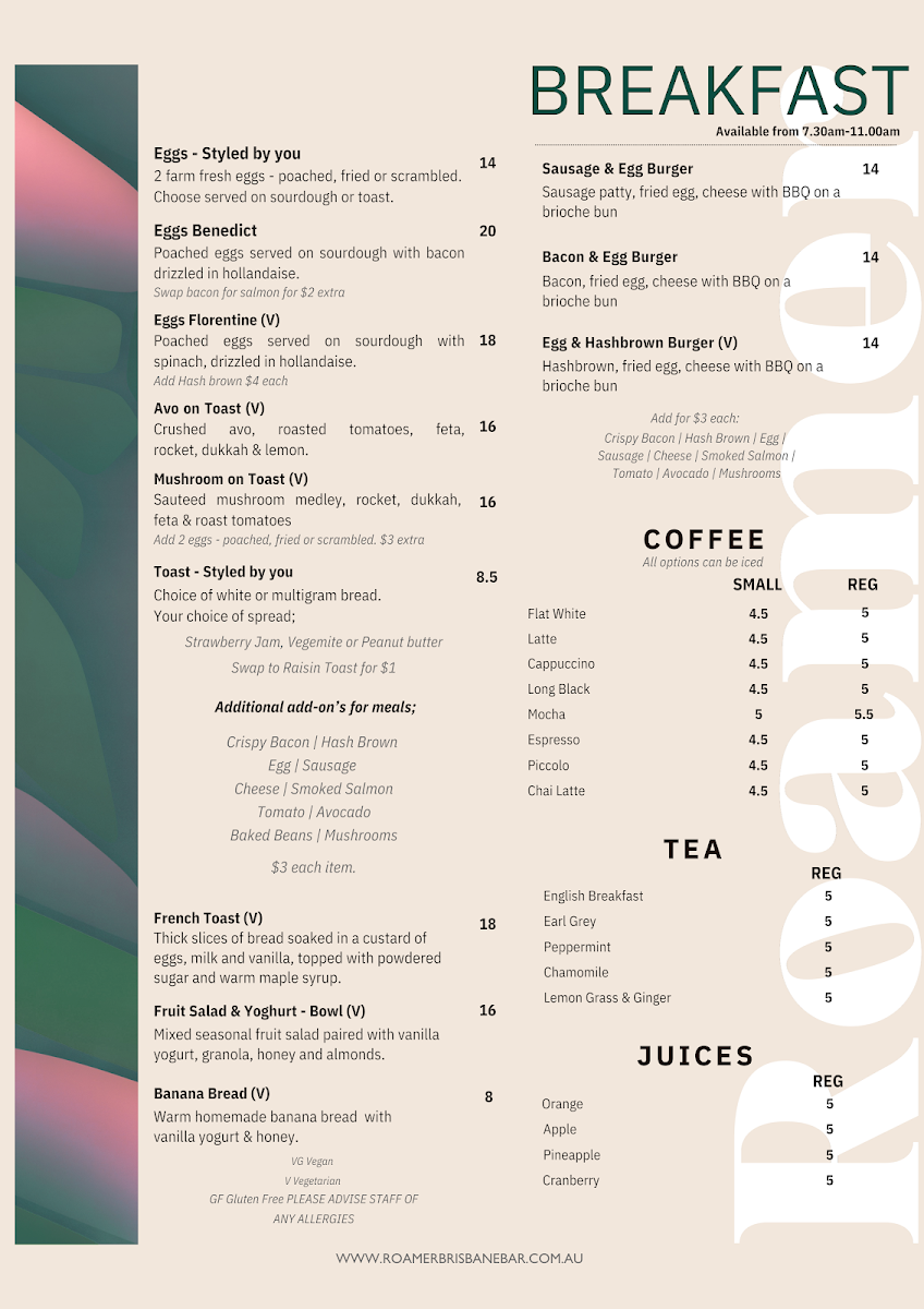 Menu, Roamer Brisbane Bar/Cafe