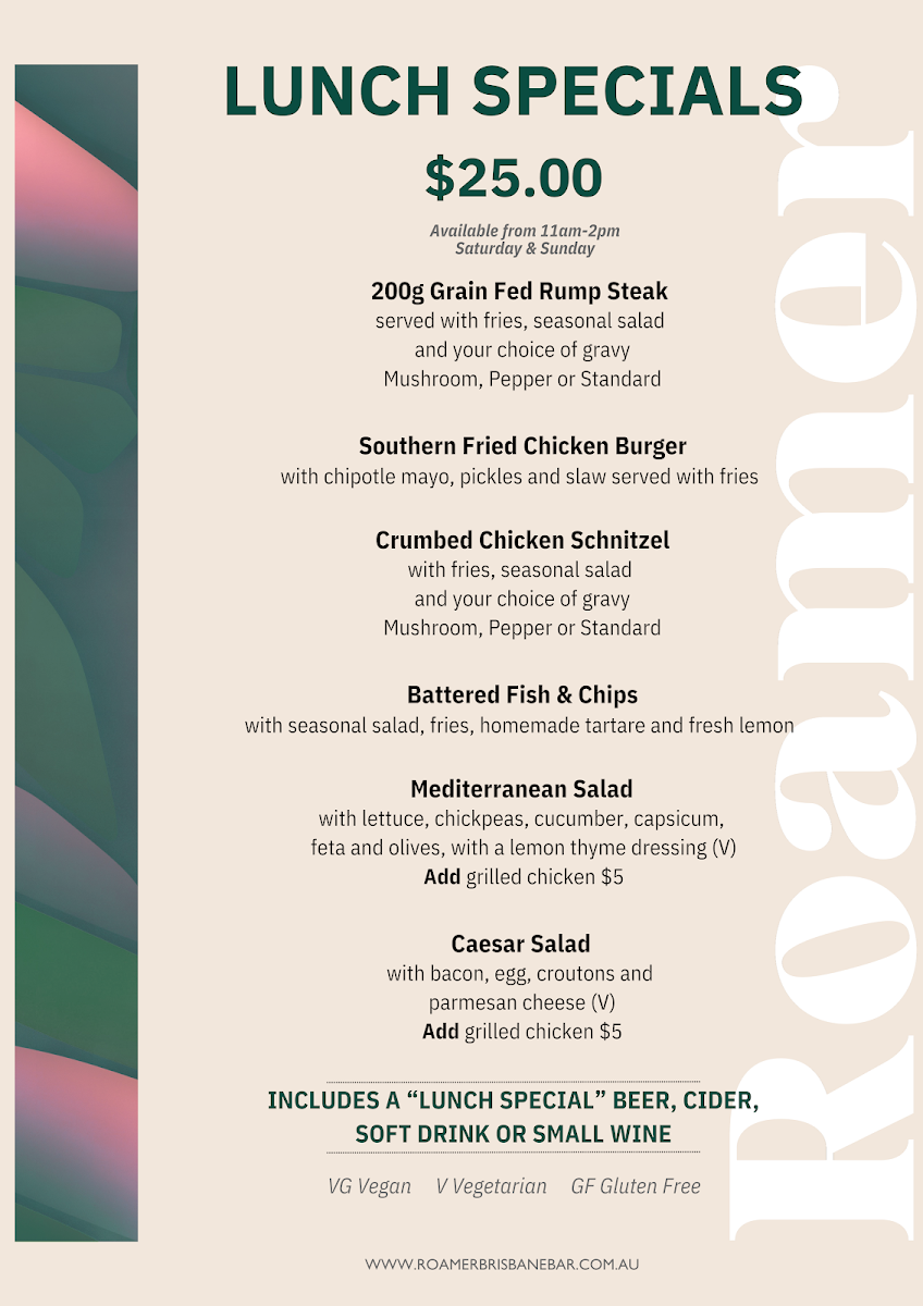 Menu, Roamer Brisbane Bar/Cafe