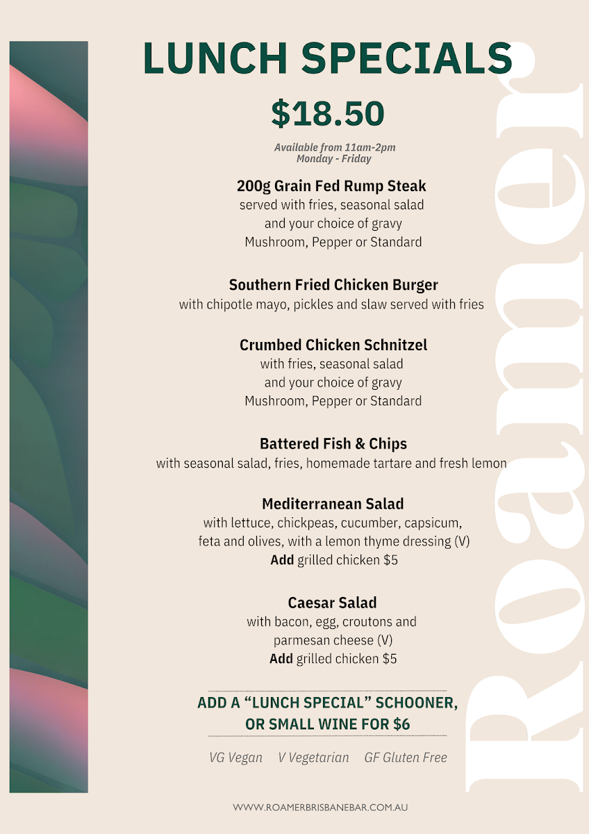 Menu, Roamer Brisbane Bar/Cafe