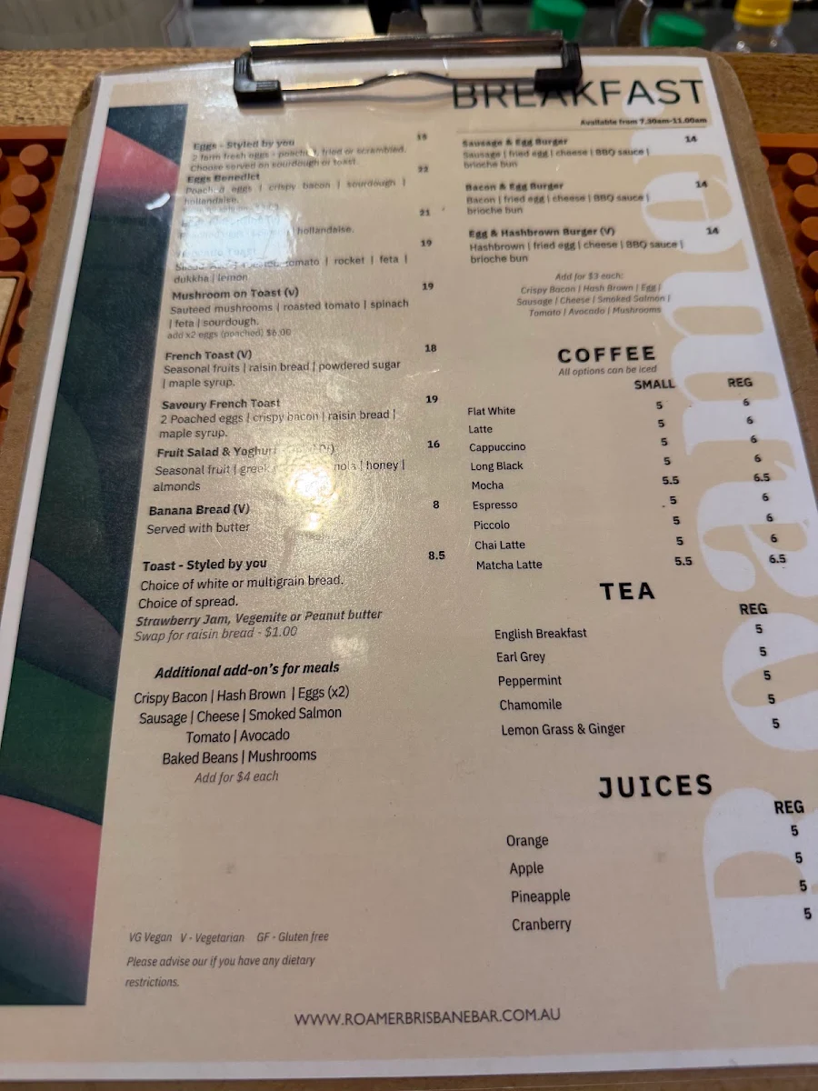 Menu, Roamer Brisbane Bar/Cafe