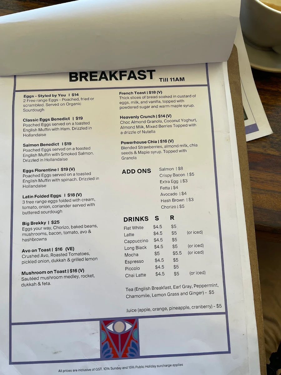 Menu, Roamer Brisbane Bar/Cafe