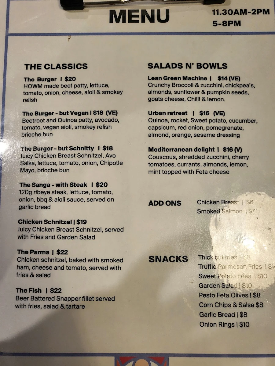 Menu, Roamer Brisbane Bar/Cafe