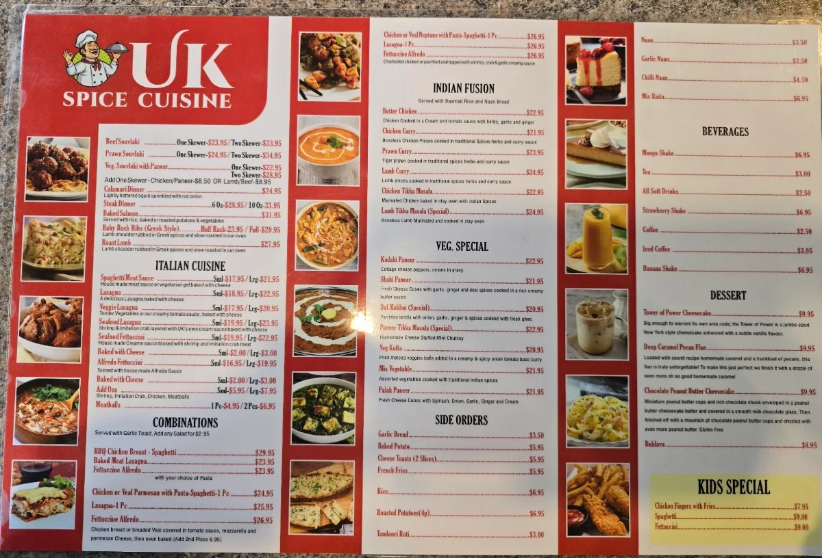 Menu, UK Spice Cuisine Merritt