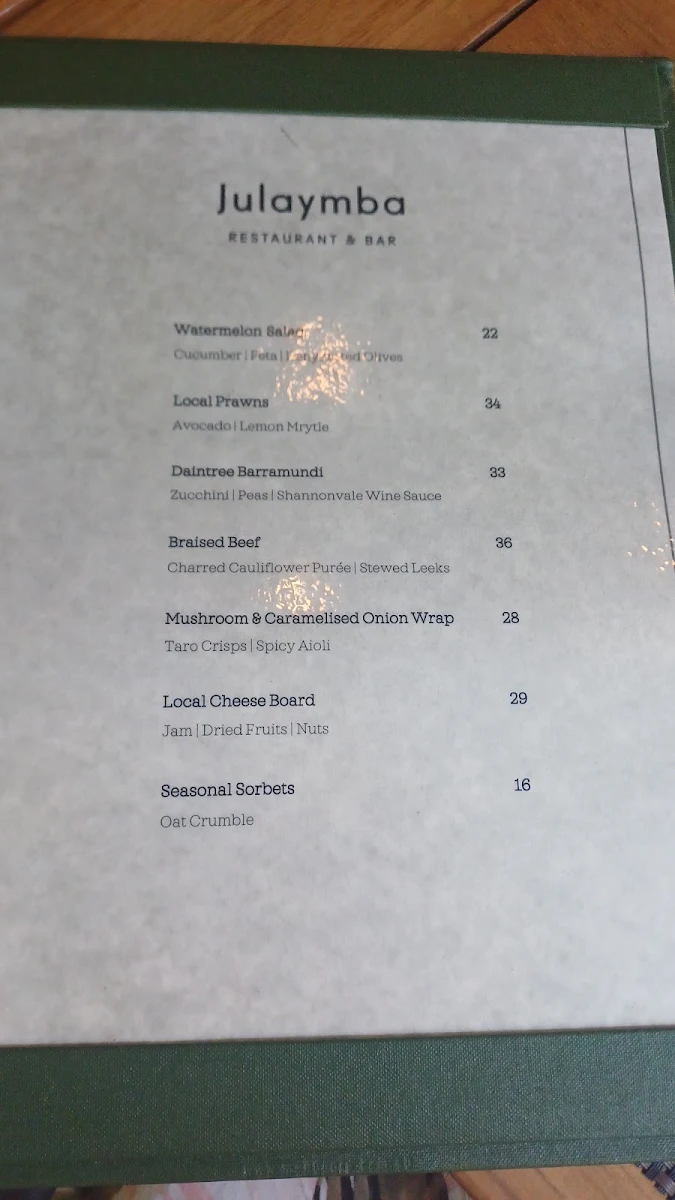 Menu, Julaymba Restaurant at Daintree Ecolodge