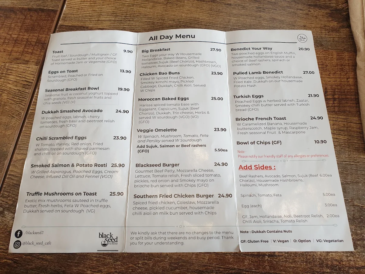 Menu, Black Seed Cafe