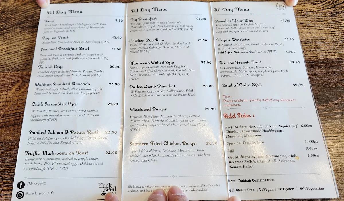 Menu, Black Seed Cafe