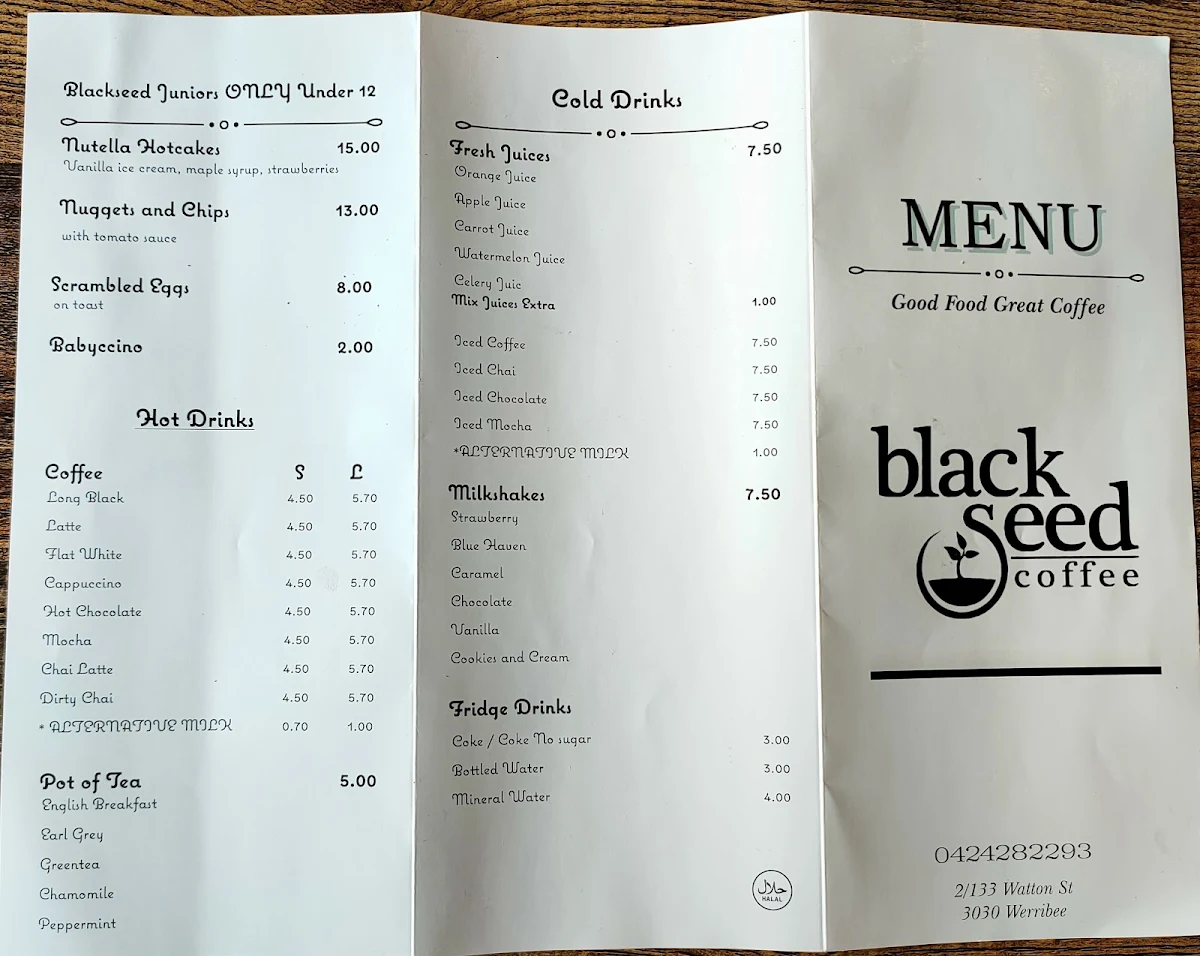 Menu, Black Seed Cafe