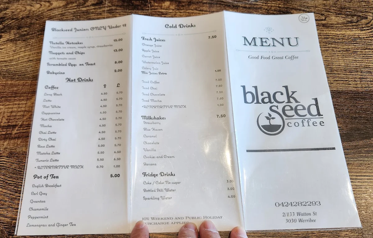 Menu, Black Seed Cafe