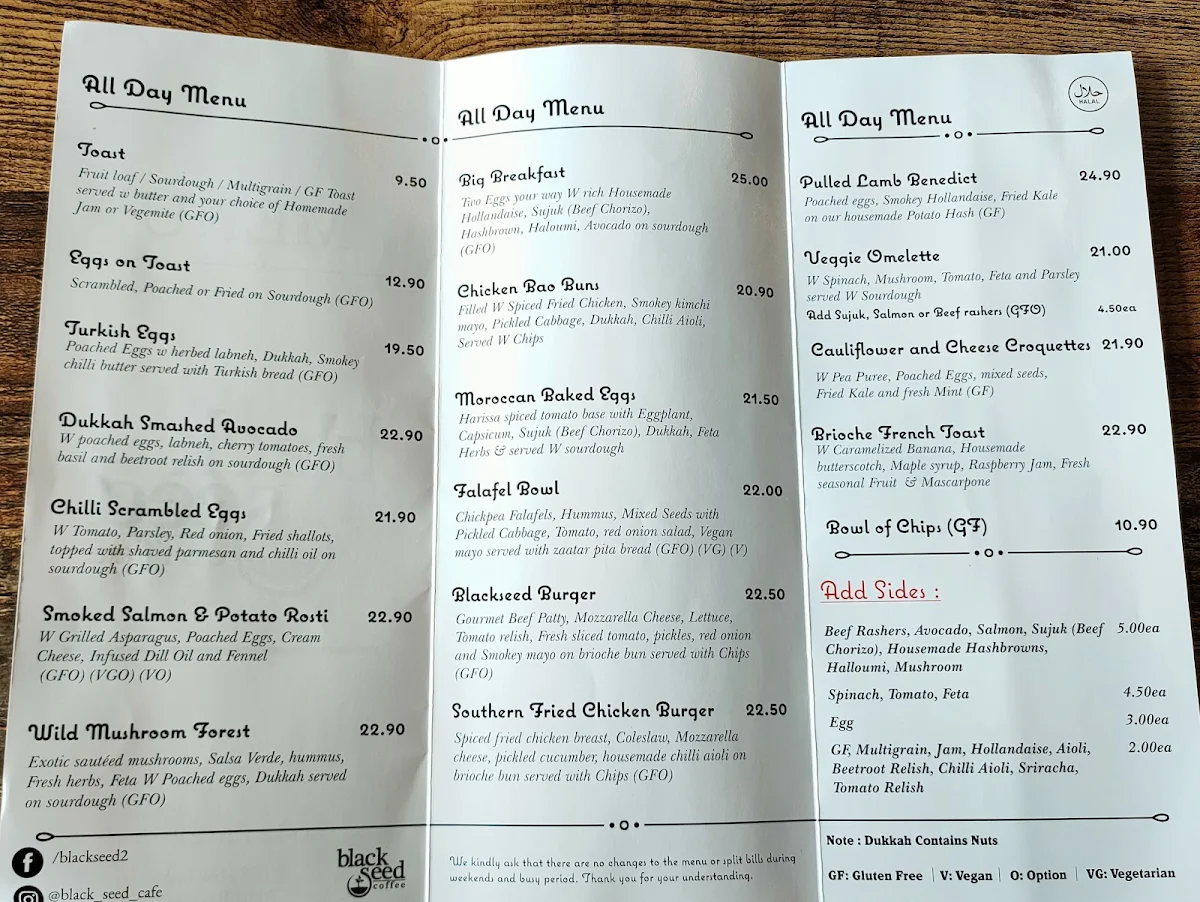 Menu, Black Seed Cafe