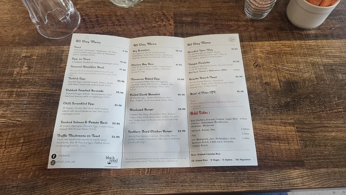 Menu, Black Seed Cafe
