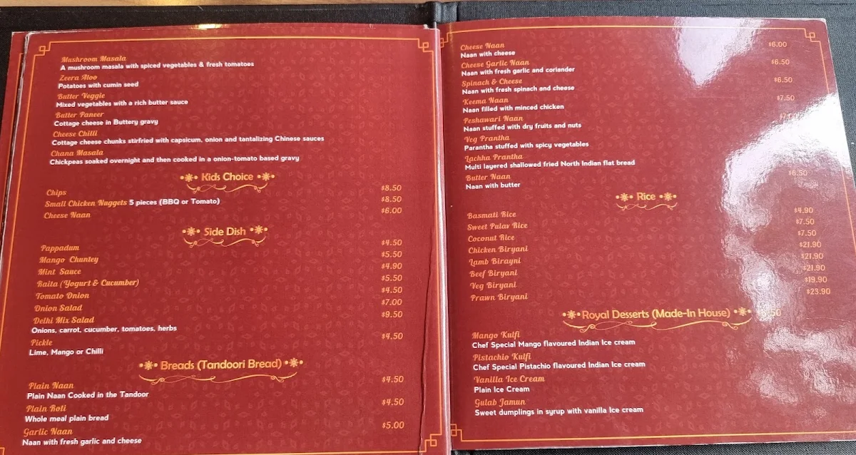 Menu, Royal Curry House Narellan