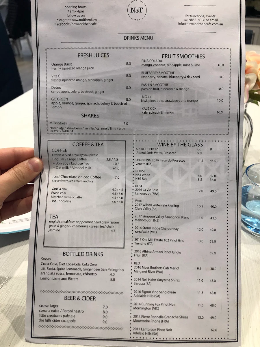 Menu, Now & Then Cafe kew