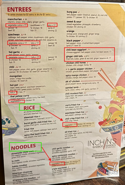 Menu, Inchin's Bamboo Garden
