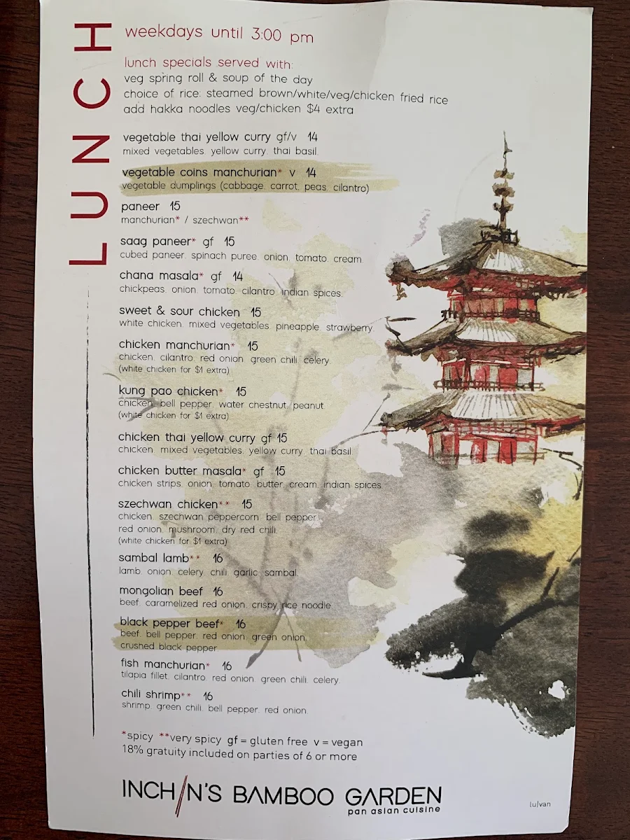 Menu, Inchin's Bamboo Garden