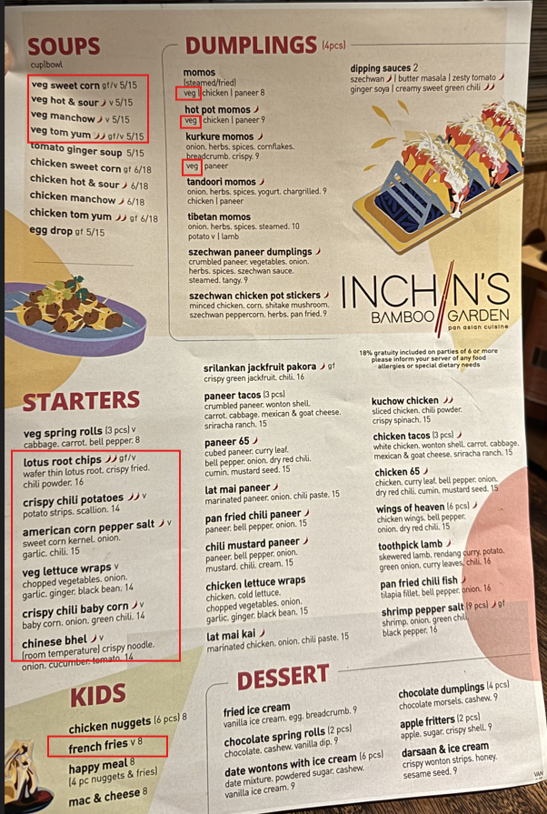 Menu, Inchin's Bamboo Garden