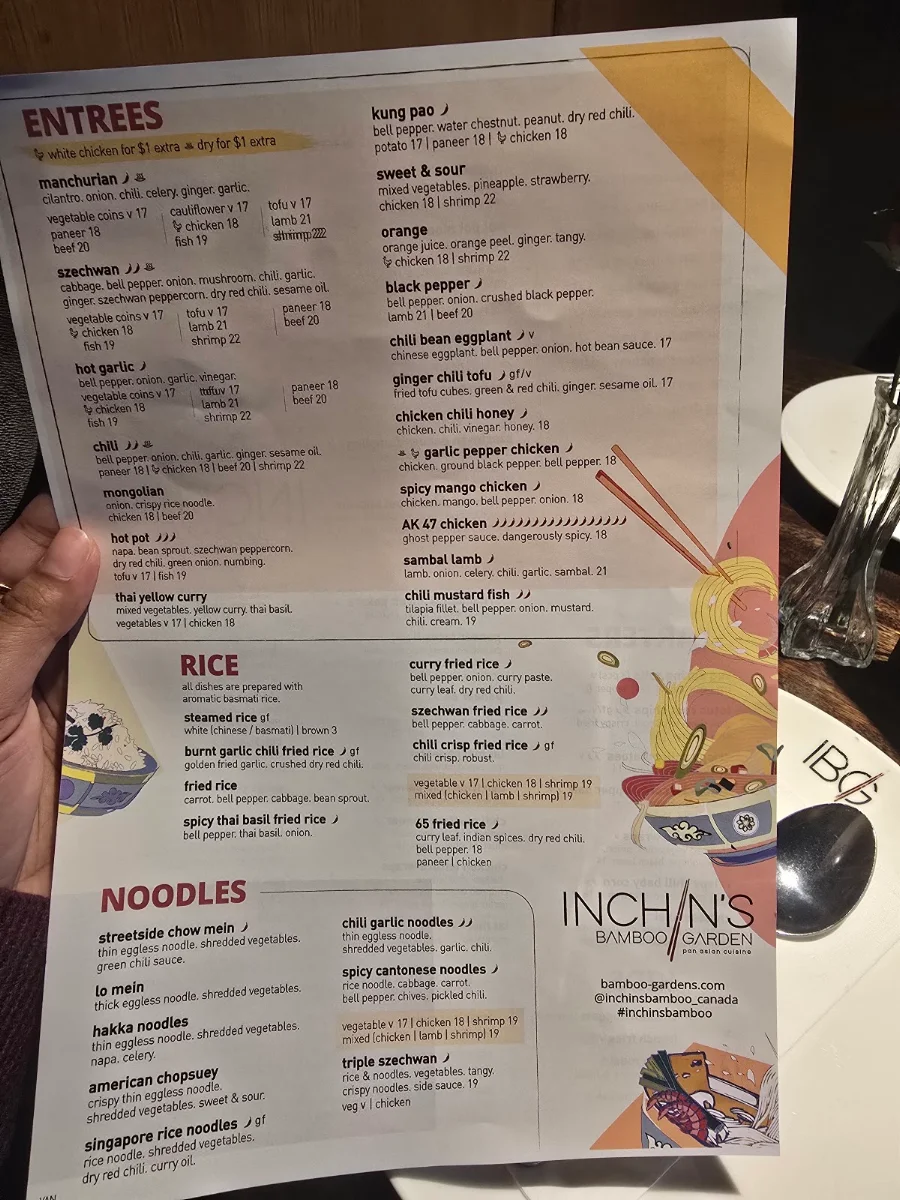 Menu, Inchin's Bamboo Garden