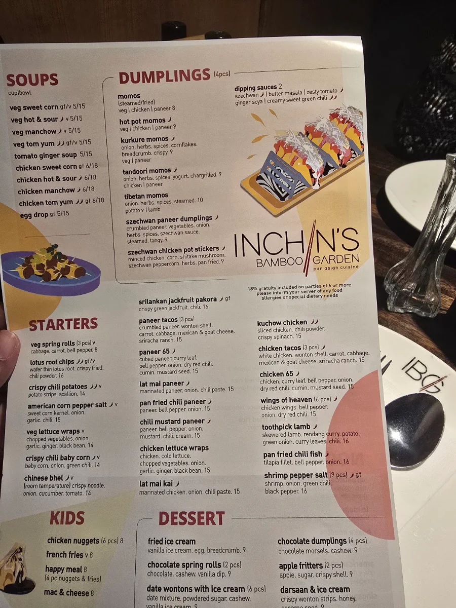 Menu, Inchin's Bamboo Garden