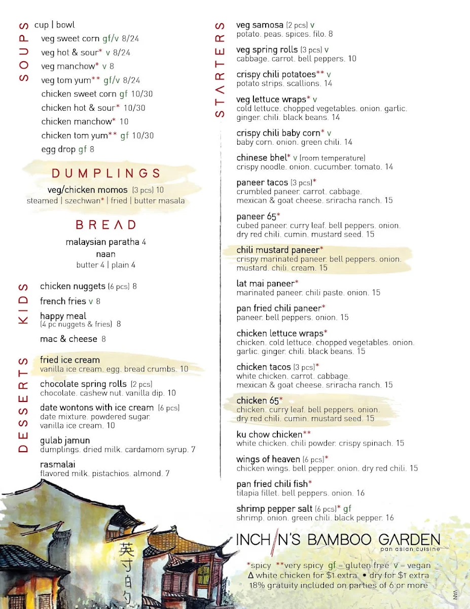 Menu, Inchin's Bamboo Garden