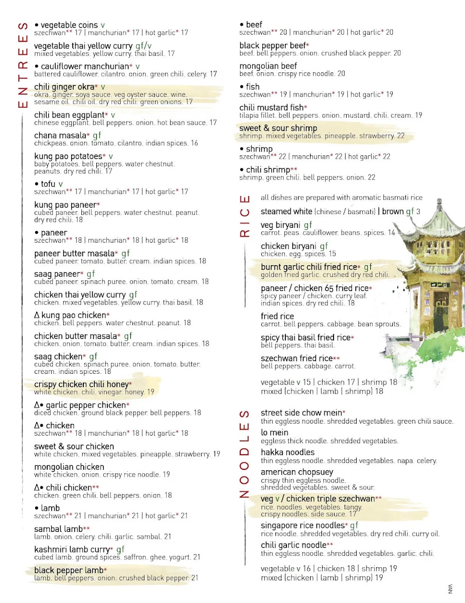 Menu, Inchin's Bamboo Garden