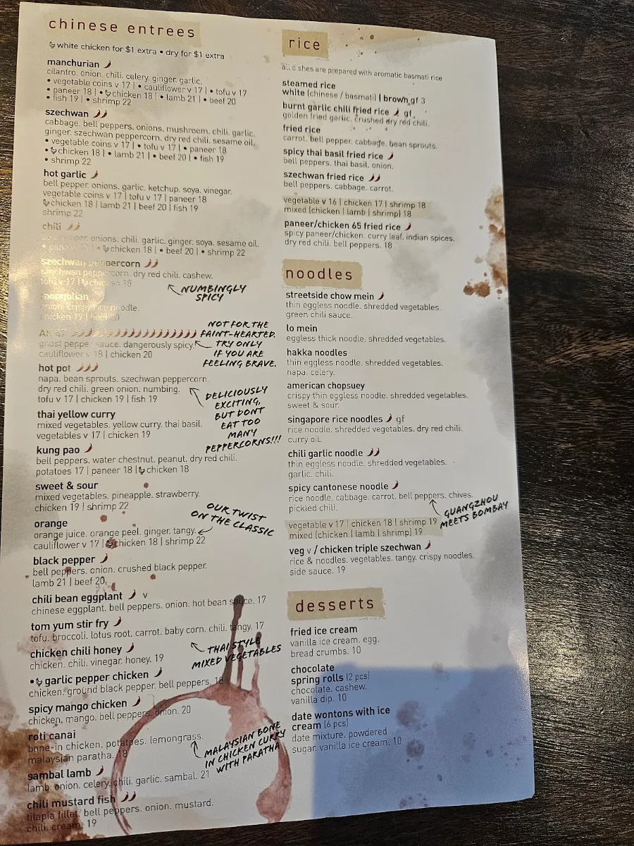 Menu, Inchin's Bamboo Garden