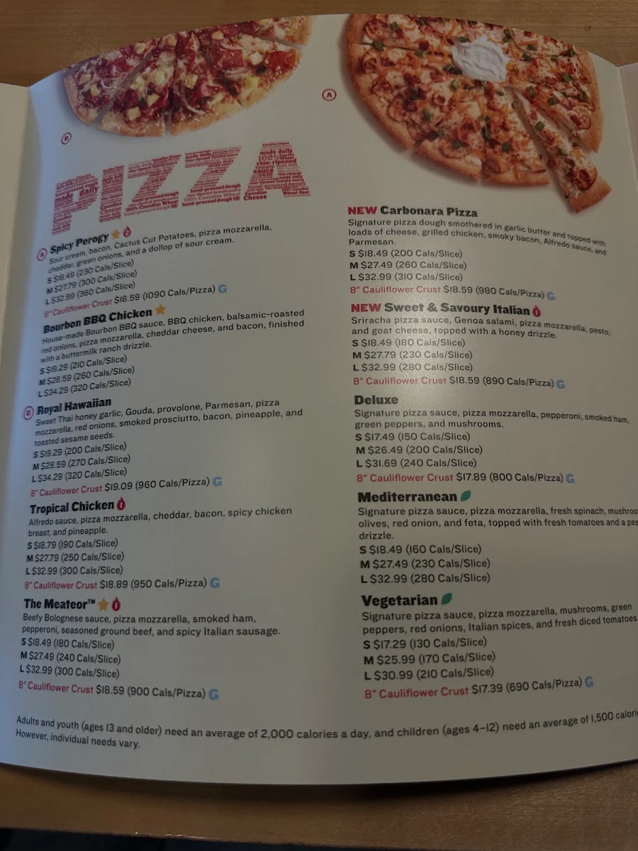 Menu, Boston Pizza