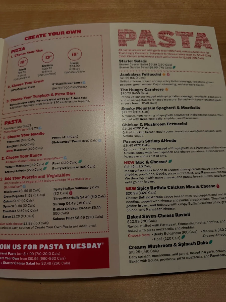 Menu, Boston Pizza
