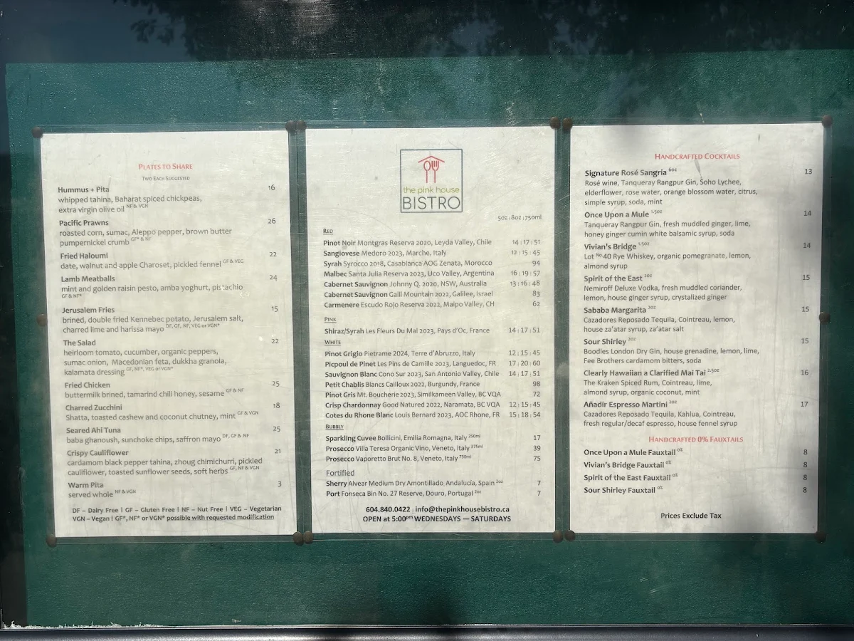 Menu, The Pink House Bistro