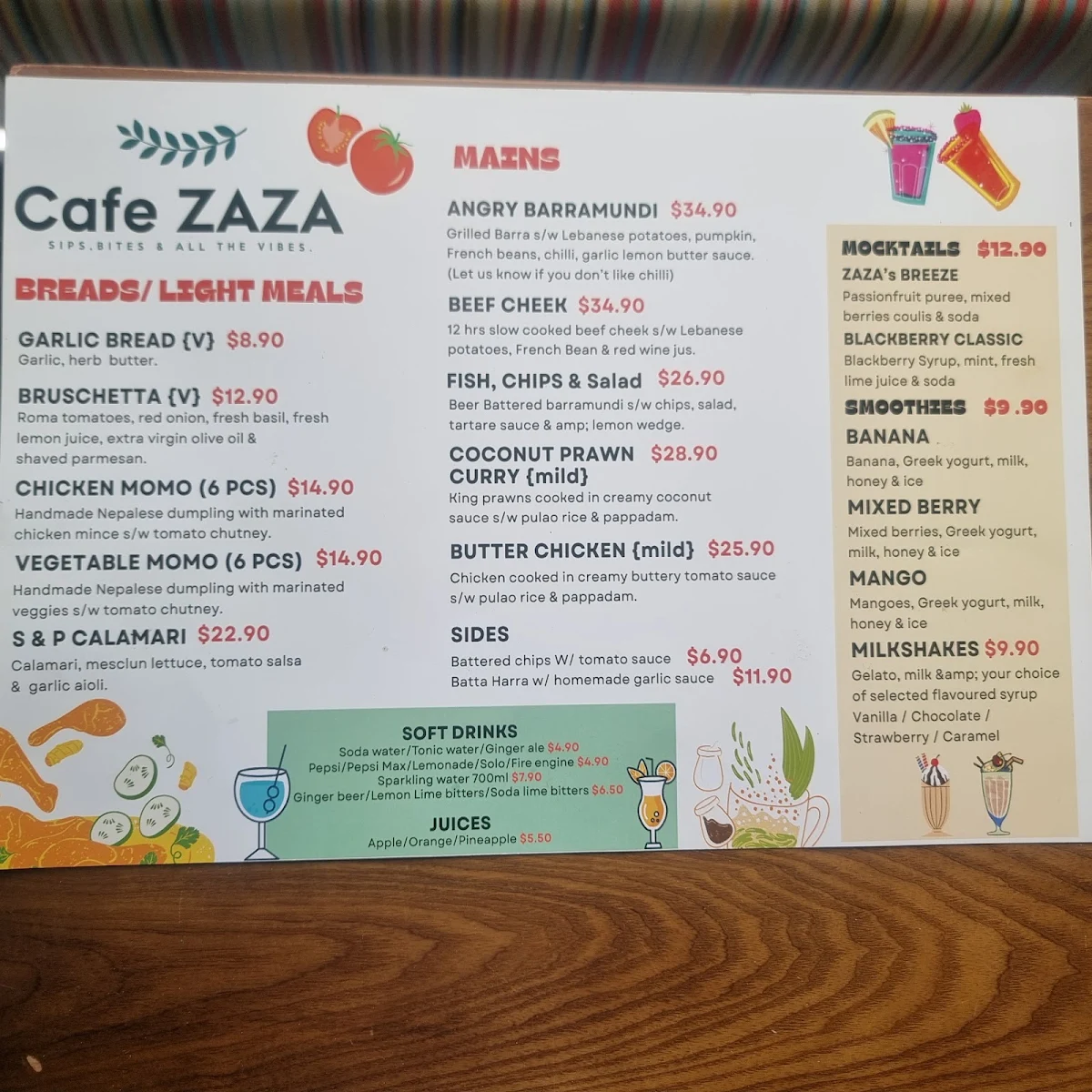 Menu, Cafe ZAZA
