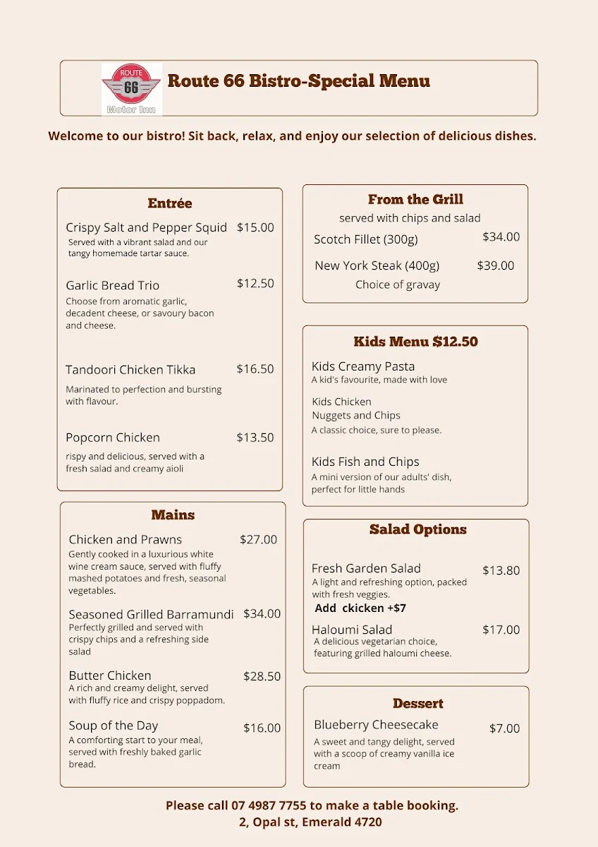 Menu, Route 66 Restaurant