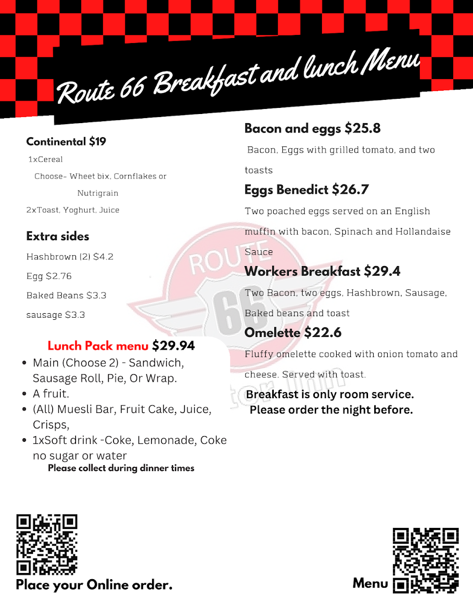 Menu, Route 66 Restaurant