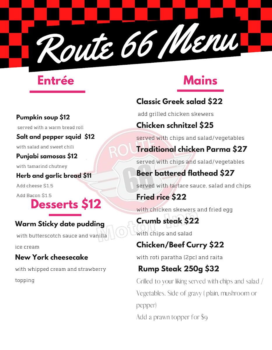 Menu, Route 66 Restaurant