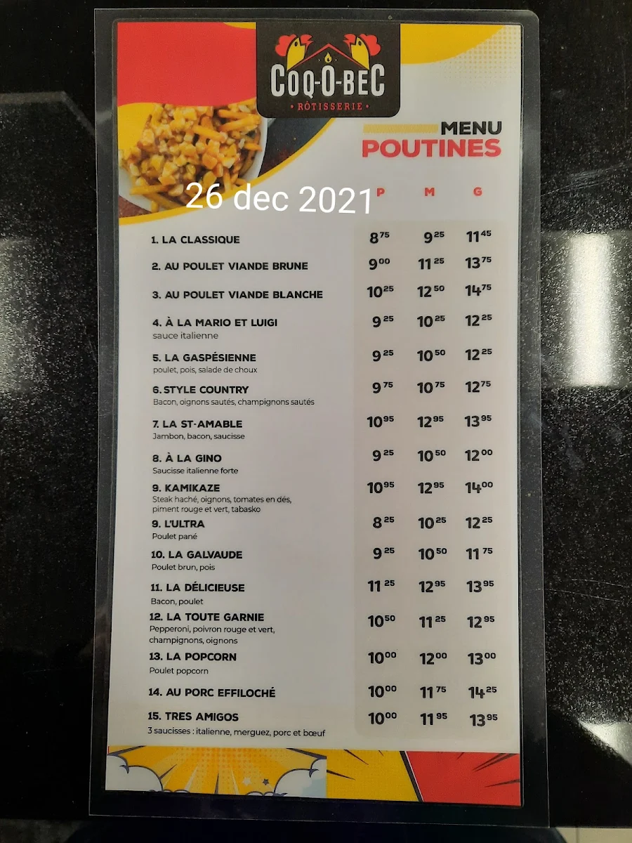 Menu, Rotisserie Coq-O-Bec
