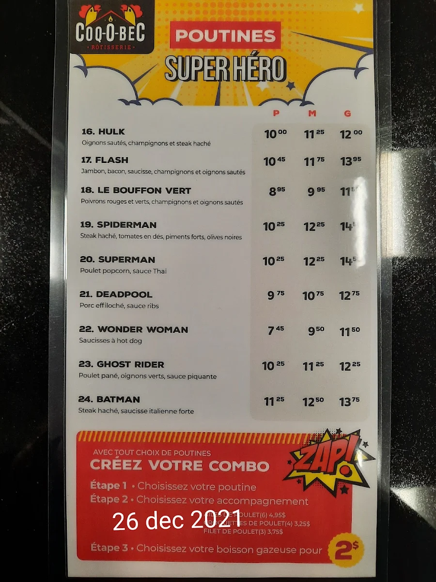 Menu, Rotisserie Coq-O-Bec