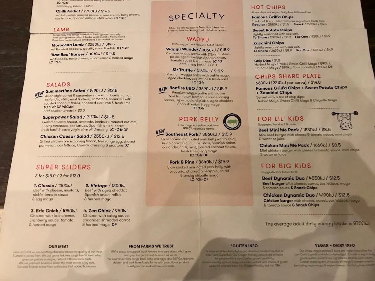 Menu, Grill'd Highpoint