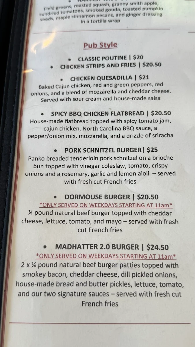 Menu, Alice's Village Cafe